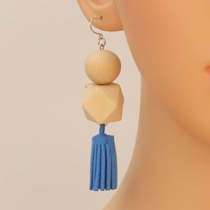 Boho Leather Tassel Drop Earrings Wood Detail